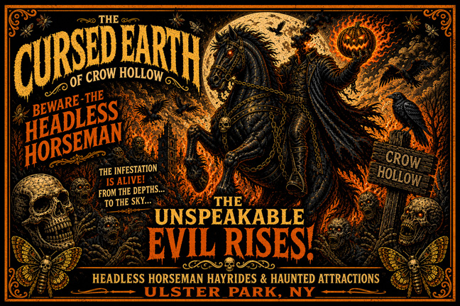 The Cursed Earth of Crow Hollow is written in title text over an illustration of the headless horseman, holding a jack-o-lantern with the moon behind. More text states to "beware the headless horseman" and declares that "the unspeakable evil rises!"