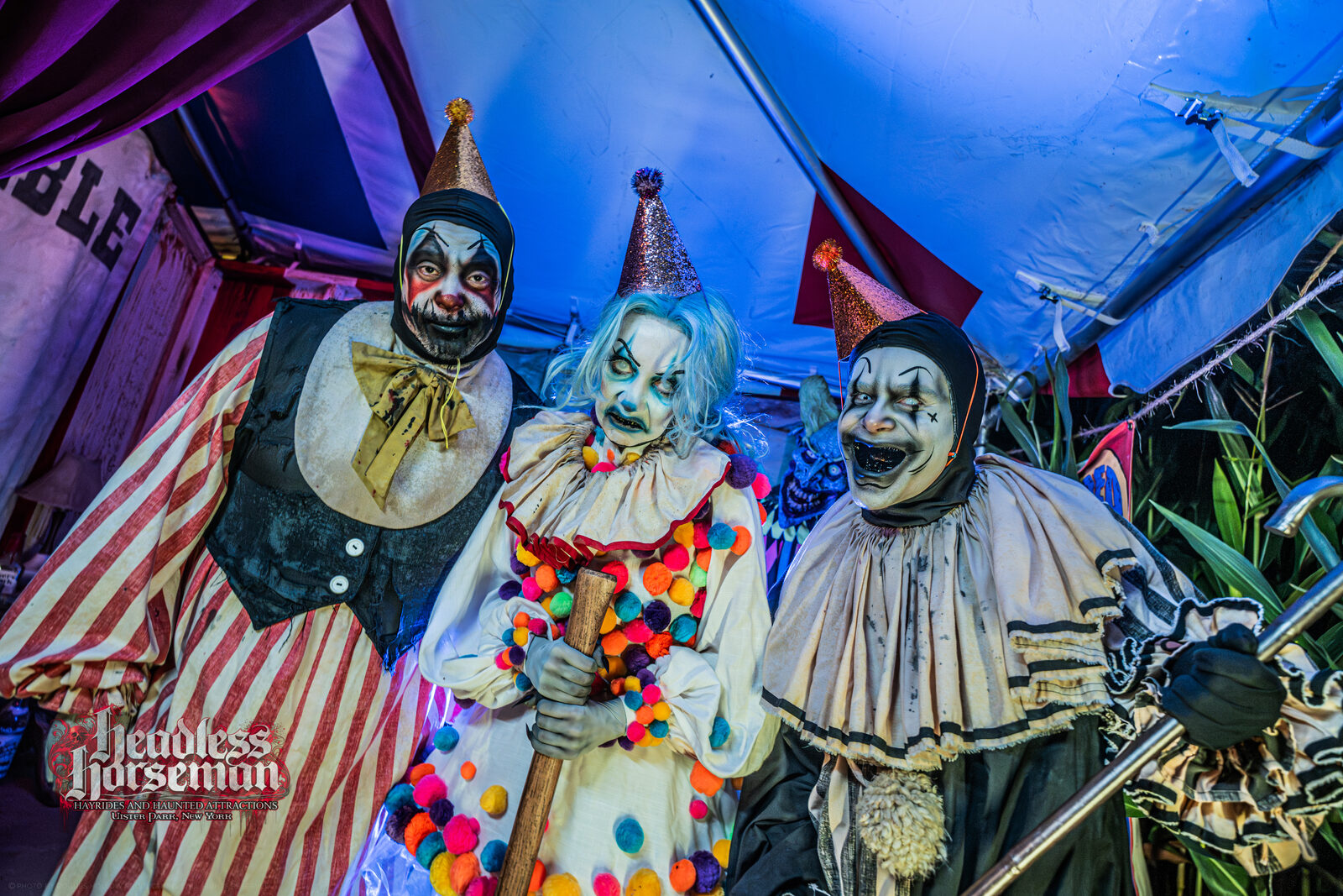 Costumed clowns at Lucy Fear's Circus Side Show, one of 13 attractions at Headless Horseman